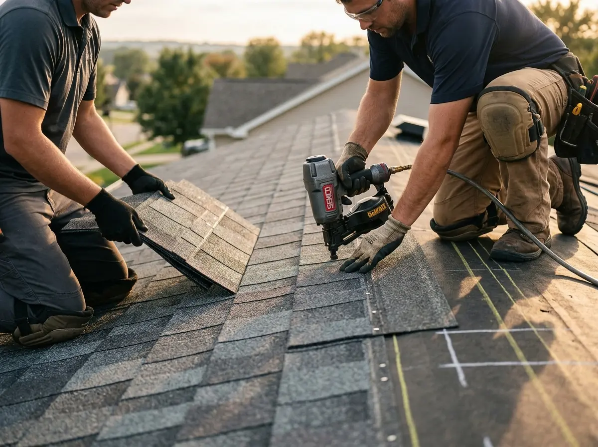 Professional roofer working on a residential roof in Ponca City